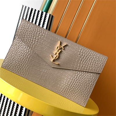 Y.S.L UPTOWN POUCH IN CROCODILE EMBOSSED LEATHER Beige Color Gold Tone Metal