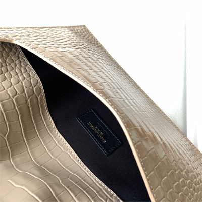 Y.S.L UPTOWN POUCH IN CROCODILE EMBOSSED LEATHER Beige Color Gold Tone Metal