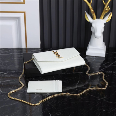 Y.S.L UPTOWN CHAIN WALLET IN GRAIN DE POUDRE EMBOSSED LEATHER White Color Gold Tone Metal