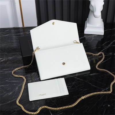 Y.S.L UPTOWN CHAIN WALLET IN GRAIN DE POUDRE EMBOSSED LEATHER White Color Gold Tone Metal