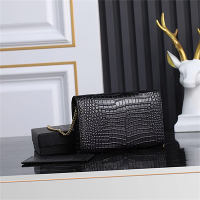 Y.S.L UPTOWN CHAIN WALLET IN CROCODILE EMBOSSED LEATHER Black Color Gold Tone Metal