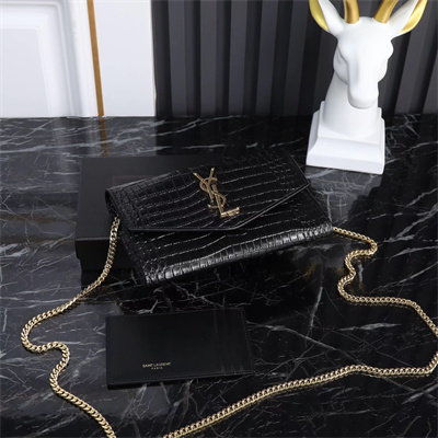 Y.S.L UPTOWN CHAIN WALLET IN CROCODILE EMBOSSED LEATHER Black Color Gold Tone Metal