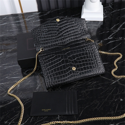 Y.S.L UPTOWN CHAIN WALLET IN CROCODILE EMBOSSED LEATHER Black Color Gold Tone Metal