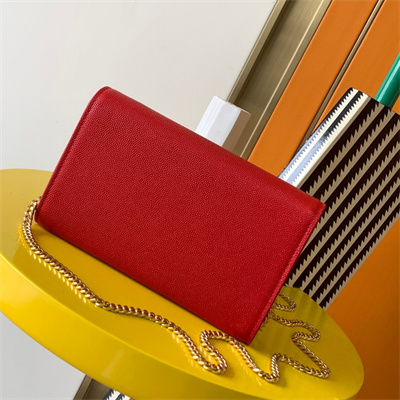 Y.S.L UPTOWN CHAIN WALLET IN GRAIN DE POUDRE EMBOSSED LEATHER Red Color Gold Tone Metal