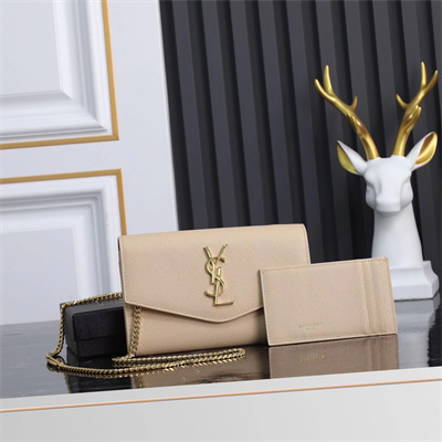 Y.S.L UPTOWN CHAIN WALLET IN GRAIN DE POUDRE EMBOSSED LEATHER Beige Color Gold Tone Metal