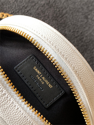 Y.S.L VINYLE ROUND CAMERA BAG IN White Chevron Quilted Grain De Poudre Embossed Leather Gold Tone Metal