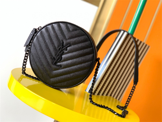 Y.S.L VINYLE ROUND CAMERA BAG IN Black Chevron Quilted Grain De Poudre Embossed Leather Black Tone Metal