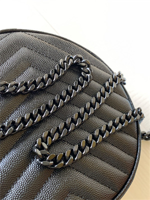 Y.S.L VINYLE ROUND CAMERA BAG IN Black Chevron Quilted Grain De Poudre Embossed Leather Black Tone Metal