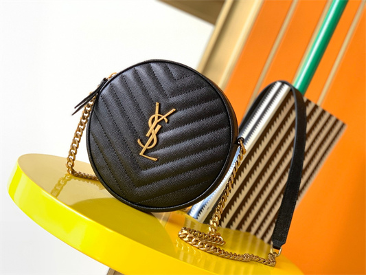 Y.S.L VINYLE ROUND CAMERA BAG IN Black Chevron Quilted Grain De Poudre Embossed Leather Gold Tone Metal