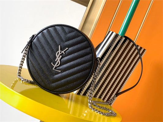 Y.S.L VINYLE ROUND CAMERA BAG IN Black Chevron Quilted Grain De Poudre Embossed Leather Silver Tone Metal