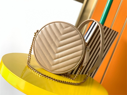 Y.S.L VINYLE ROUND CAMERA BAG IN Beige Chevron Quilted Grain De Poudre Embossed Leather Gold Tone Metal