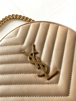 Y.S.L VINYLE ROUND CAMERA BAG IN Beige Chevron Quilted Grain De Poudre Embossed Leather Gold Tone Metal