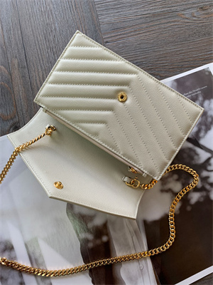 Y.S.L CASSANDRA ENVELOPE CHAIN WALLET IN GRAIN DEPOUDRE LEATHER White Color Gold Tone Metal