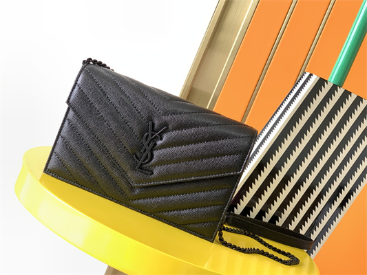 Y.S.L CASSANDRA ENVELOPE CHAIN WALLET IN GRAIN DEPOUDRE LEATHER Black Color Black Tone Metal