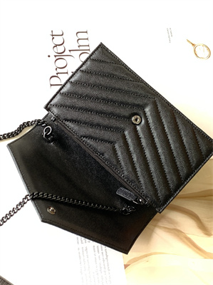Y.S.L CASSANDRA ENVELOPE CHAIN WALLET IN GRAIN DEPOUDRE LEATHER Black Color Black Tone Metal