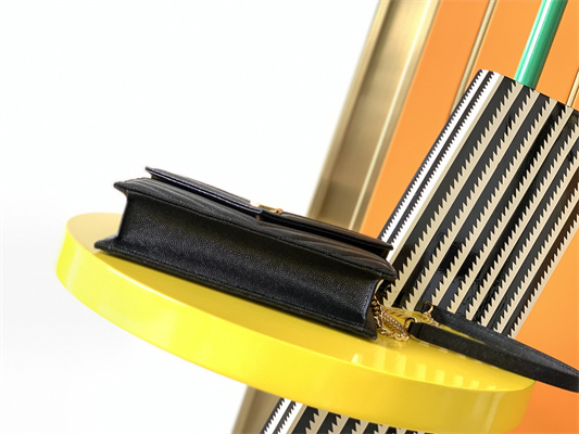 Y.S.L CASSANDRA ENVELOPE CHAIN WALLET IN GRAIN DEPOUDRE LEATHER Black Color Gold Tone Metal