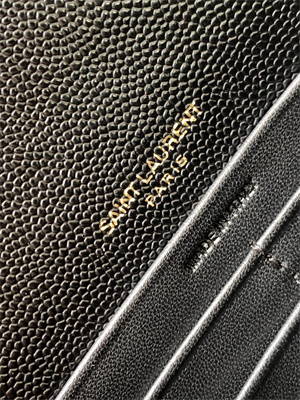 Y.S.L CASSANDRA ENVELOPE CHAIN WALLET IN GRAIN DEPOUDRE LEATHER Black Color Gold Tone Metal