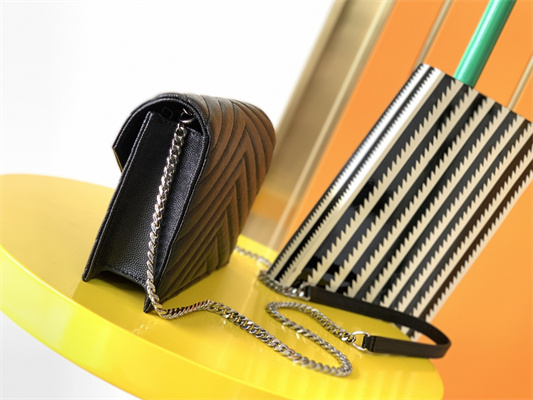 Y.S.L CASSANDRA ENVELOPE CHAIN WALLET IN GRAIN DEPOUDRE LEATHER Black Color Silver Tone Metal