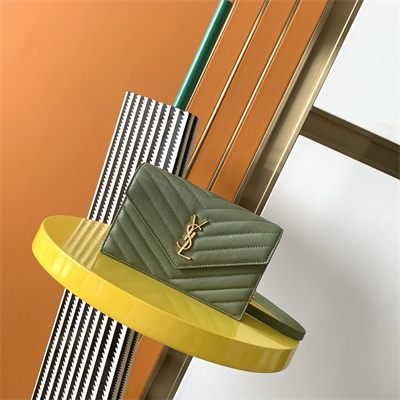 Y.S.L CASSANDRA ENVELOPE CHAIN WALLET IN GRAIN DEPOUDRE LEATHER Lt Green Color Gold Tone Metal