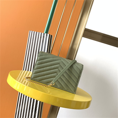 Y.S.L CASSANDRA ENVELOPE CHAIN WALLET IN GRAIN DEPOUDRE LEATHER Lt Green Color Gold Tone Metal