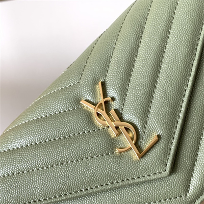 Y.S.L CASSANDRA ENVELOPE CHAIN WALLET IN GRAIN DEPOUDRE LEATHER Lt Green Color Gold Tone Metal