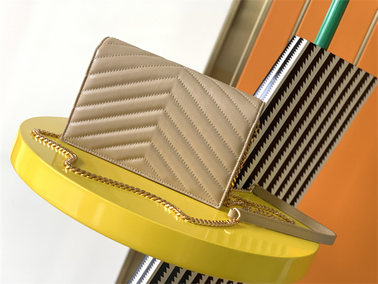 Y.S.L CASSANDRA ENVELOPE CHAIN WALLET IN GRAIN DEPOUDRE LEATHER Beige Color Gold Tone Metal