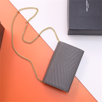 Y.S.L CLASSIC CASSANDRA CHAIN WALLET IN GRAIN DEPOUDRE LEATHER Grey Color Gold Tone Metal