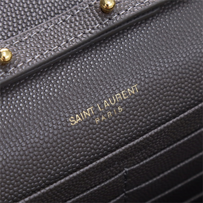 Y.S.L CLASSIC CASSANDRA CHAIN WALLET IN GRAIN DEPOUDRE LEATHER Grey Color Gold Tone Metal