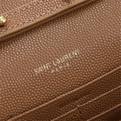 Y.S.L CLASSIC CASSANDRA CHAIN WALLET IN GRAIN DEPOUDRE LEATHER Brown Color Gold Tone Metal