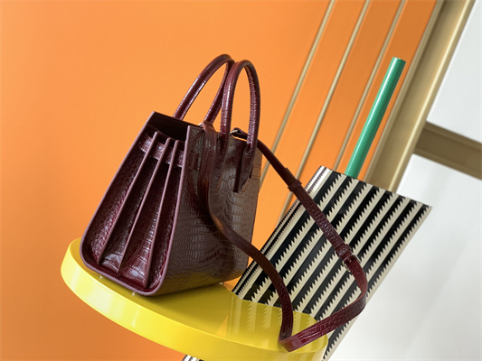 Y.S.L SAC DE JOUR BABY In Burgundy Corcodile Embossed Leather Silver Tone Metal