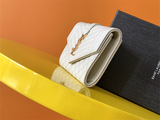 Y.S.L SMALL ENVELOPE WALLET IN MIX MATELASS?? GRAIN DE POUDRE EMBOSSED LEATHER White Color Gold Tone Metal