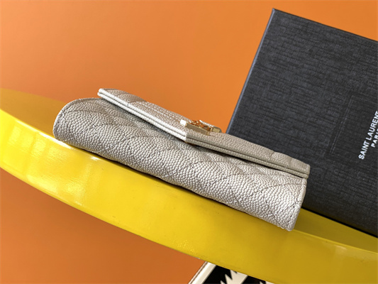 Y.S.L SMALL ENVELOPE WALLET IN MIX MATELASS?? GRAIN DE POUDRE EMBOSSED LEATHER White Color Gold Tone Metal