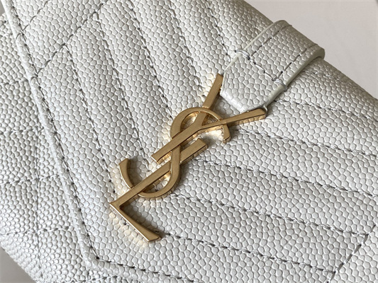 Y.S.L SMALL ENVELOPE WALLET IN MIX MATELASS?? GRAIN DE POUDRE EMBOSSED LEATHER White Color Gold Tone Metal