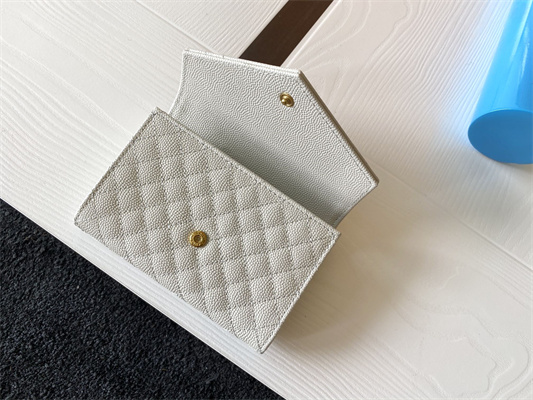 Y.S.L SMALL ENVELOPE WALLET IN MIX MATELASS?? GRAIN DE POUDRE EMBOSSED LEATHER White Color Gold Tone Metal