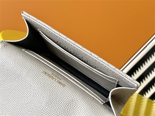 Y.S.L SMALL ENVELOPE WALLET IN MIX MATELASS?? GRAIN DE POUDRE EMBOSSED LEATHER White Color Gold Tone Metal