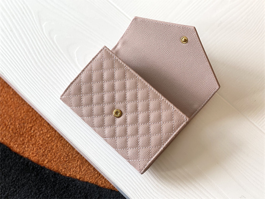 Y.S.L SMALL ENVELOPE WALLET IN MIX MATELASS?? GRAIN DE POUDRE EMBOSSED LEATHER Pink Color Gold Tone Metal