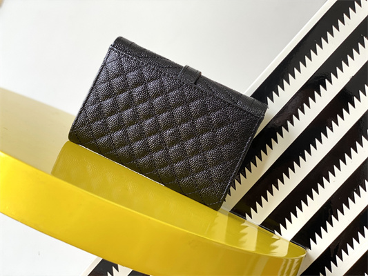 Y.S.L SMALL ENVELOPE WALLET IN MIX MATELASS?? GRAIN DE POUDRE EMBOSSED LEATHER Black Color Silver Tone Metal