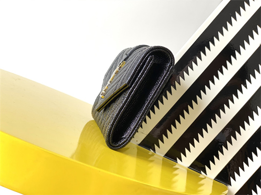 Y.S.L SMALL ENVELOPE WALLET IN MIX MATELASS?? GRAIN DE POUDRE EMBOSSED LEATHER Black Color Silver Tone Metal