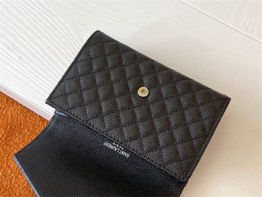 Y.S.L SMALL ENVELOPE WALLET IN MIX MATELASS?? GRAIN DE POUDRE EMBOSSED LEATHER Black Color Silver Tone Metal