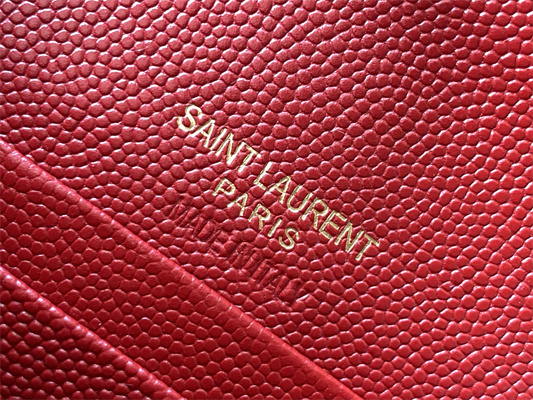 Y.S.L SMALL ENVELOPE WALLET IN MIX MATELASS?? GRAIN DE POUDRE EMBOSSED LEATHER Red Color Gold Tone Metal