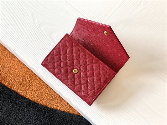 Y.S.L SMALL ENVELOPE WALLET IN MIX MATELASS?? GRAIN DE POUDRE EMBOSSED LEATHER Red Color Gold Tone Metal
