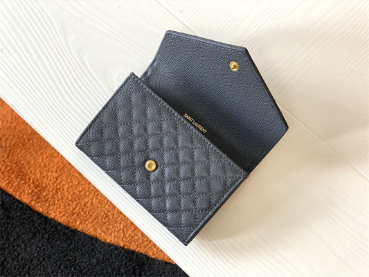Y.S.L SMALL ENVELOPE WALLET IN MIX MATELASS?? GRAIN DE POUDRE EMBOSSED LEATHER Dk Grey Color Gold Tone Metal