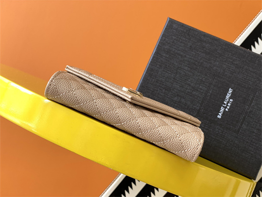 Y.S.L SMALL ENVELOPE WALLET IN MIX MATELASS?? GRAIN DE POUDRE EMBOSSED LEATHER Beige Color Gold Tone Metal