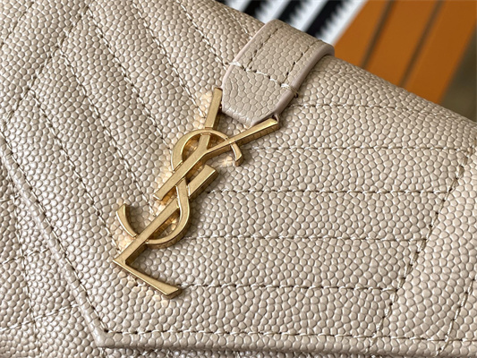 Y.S.L SMALL ENVELOPE WALLET IN MIX MATELASS?? GRAIN DE POUDRE EMBOSSED LEATHER Beige Color Gold Tone Metal