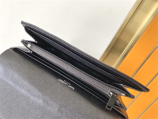 Y.S.L CASSANDRA MATELASS?? LARGE FLAP WALLET IN GRAIN DE POUDRE EMBOSSED LEATHER Black Color Black Tone Metal