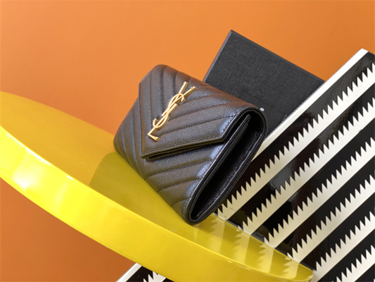 Y.S.L CASSANDRA MATELASS?? LARGE FLAP WALLET IN GRAIN DE POUDRE EMBOSSED LEATHER Black Color Gold Tone Metal