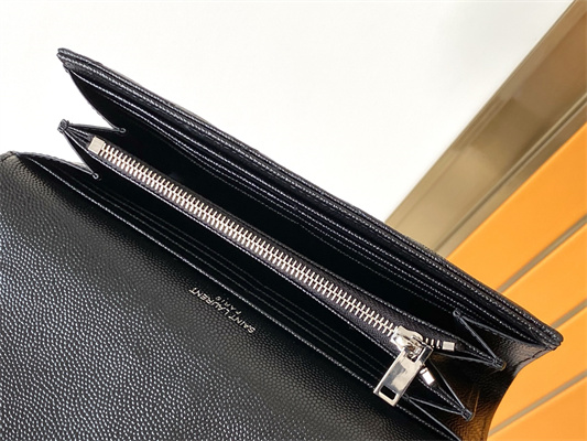 Y.S.L CASSANDRA MATELASS?? LARGE FLAP WALLET IN GRAIN DE POUDRE EMBOSSED LEATHER Black Color Silver Tone Metal