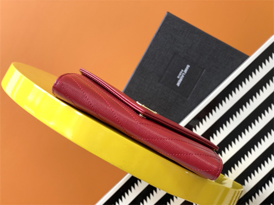 Y.S.L CASSANDRA MATELASS?? LARGE FLAP WALLET IN GRAIN DE POUDRE EMBOSSED LEATHER Red Color Gold Tone Metal