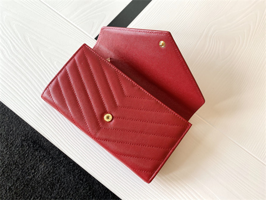 Y.S.L CASSANDRA MATELASS?? LARGE FLAP WALLET IN GRAIN DE POUDRE EMBOSSED LEATHER Red Color Gold Tone Metal