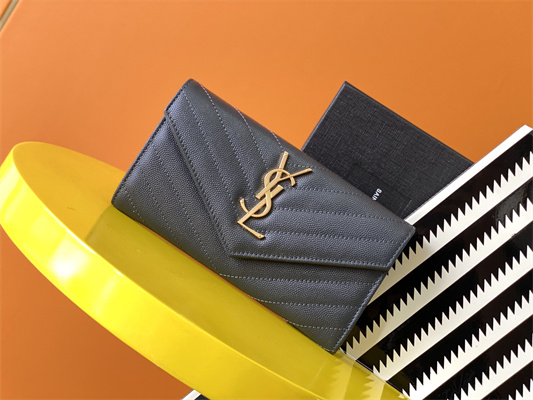 Y.S.L CASSANDRA MATELASS?? LARGE FLAP WALLET IN GRAIN DE POUDRE EMBOSSED LEATHER Grey Color Gold Tone Metal